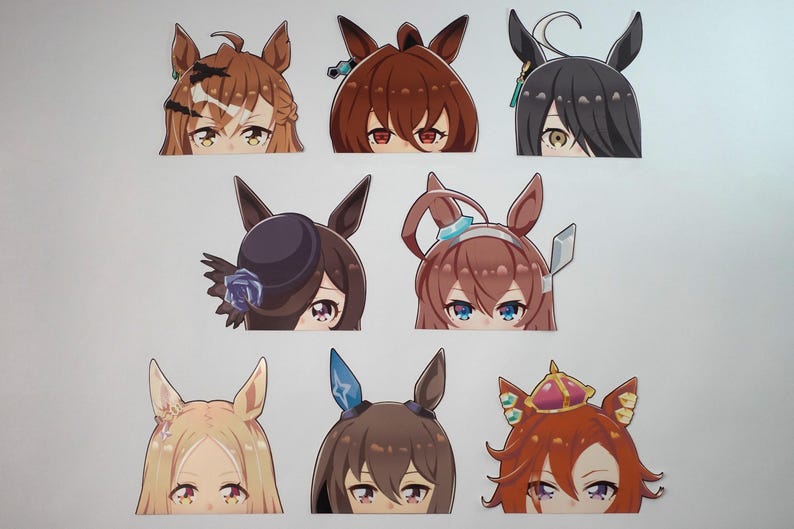 May include: Nine anime-style character stickers featuring horse-girl designs. Each sticker shows the upper half of a character's face with different hair colors, eye colors, and accessories. The stickers are arranged in three rows of three.