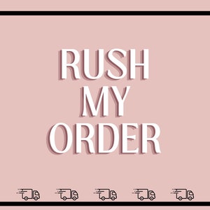May include: A pink background with the text "Rush My Order" in white with a drop shadow. Five black and white icons of delivery trucks with speed lines are at the bottom of the image.