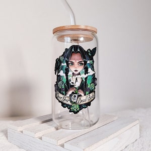Over Your Dead Body, Wednesday Addams Glass Cup with Bamboo Lid, Tim Burton Fan, Birthday Gift, Goth Girl Cup, Wednesday Netflix Series