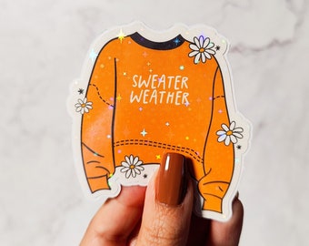 Sweater Weather Holographic Sticker, Iced Coffee Sticker, Easy Peel, Water Resistant, Cute Cozy Sweater, Autumn Season Gift