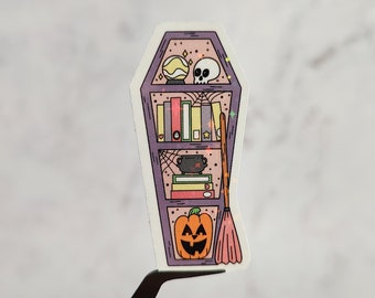 Spooky Coffin Bookshelf Holographic Sticker, Witchy Bookish Sticker, Laptop/Water Bottle Sticker, Water Resistant, Spooky Bookworm Gift
