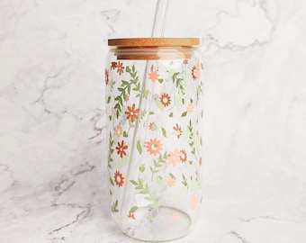 Minimal Spring Floral Glass Cup, Minimalistic Spring Floral Glassware, Beer Can with Lid, Elegant Floral Coffee Can Gift, 16oz and 20oz