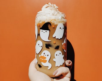 Ghost Witch Hats, Cute Spooky Ghost Coffee Glass Can, Fall Pumpkin Can Shaped Glass, Halloween Fall Beer Cup with Bamboo Lid, Spooky Gift