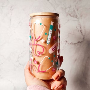 Healthcare Coffee Cup, Nurse Libbey, Cute Stethoscope Coffee Can, 16oz and 20oz Glass, Medical Student Cup, Gift for Nurses and Doctors