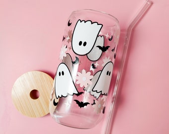 Flower Ghost Coffee Glass Cup, Fall Beer Glass Can, Cute Halloween Iced Coffee Cup, Pink Spooky Tumbler, Spooky Cup, Libbey Fall Spooky Gift