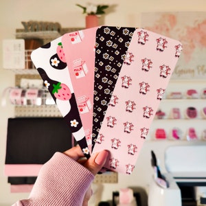 Strawberry Milk Bookmark Bundle, Double Sided Laminated Paper Bookmarks, Cute Pink Baby Cows, Strawberries and Flowers, Bookish Gifts