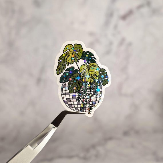 Monstera Disco Ball Holographic Sticker: Retro Plant Mom Gift
