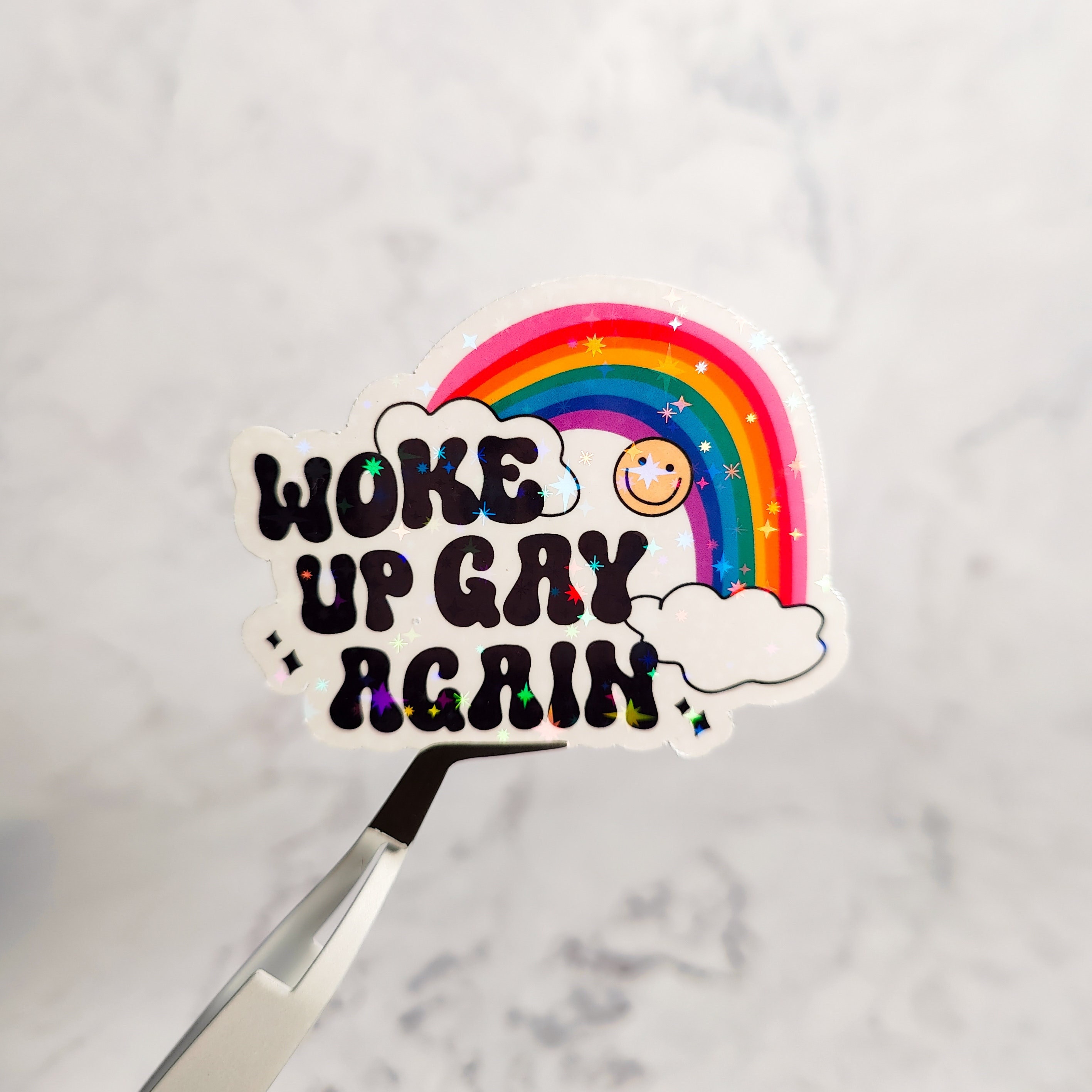 Woke Up Gay Again Holographic Sticker, Water-Resistant Decal, Retro LGBTQ+ Pride Gift, Funny Sarcastic Pride Month Decal, Love Equality Gift