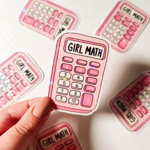 May include: Pink calculator sticker with the text "GIRL MATH" on the display. The calculator has a heart button instead of the number 0.