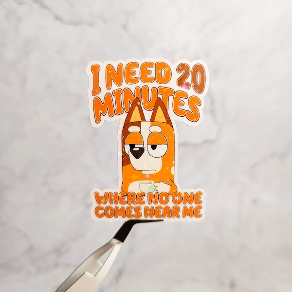 I Need 20 Minutes Where No One Comes Near Me Holographic Sticker, Funny Water Resistant Decal, Child Cartoon Character, Gift for Moms