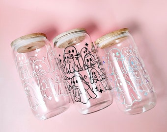 Funny Ghost Libbey Glass Can, Middle Finger Cute Ghosts, Glow In The Dark Glass Can, Halloween Gift, Iced Coffee Glass, Stay Spooky Beer Can