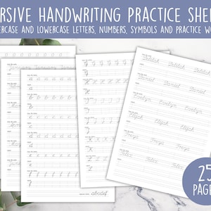 Printable Cursive Handwriting Worksheet, Hand Lettering, Handwriting Practice Sheets, Uppercase and Lowercase Letters, Practice Words, A4