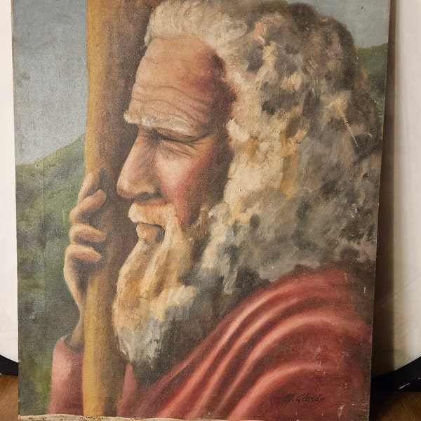 Religious Art | Original Oil Painting of Old Man with Beard and Staff | Moses | The Shepard | M. Alexan | Vintage Art | 24 x 20 Canvas