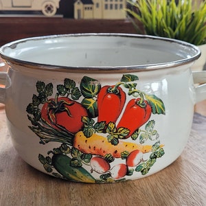 Vintage Enamelware Cooking Pot: Farmhouse Vegetable Motif, Herb Planter