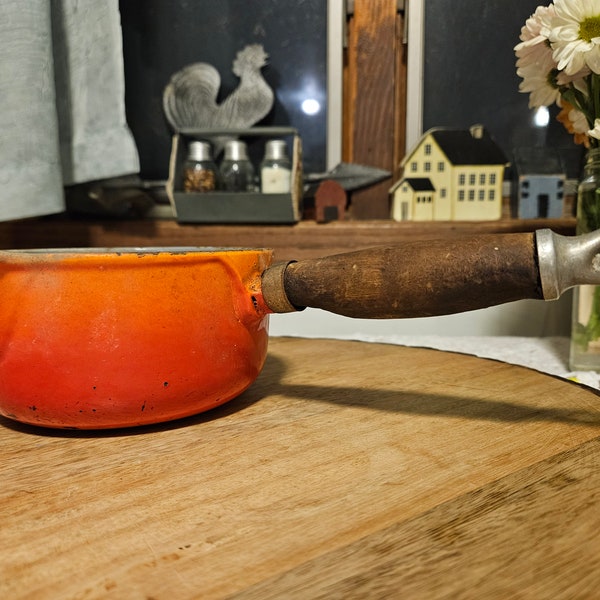 Le Creuset Flaming Orange Sauce Pan with Wooden Handle | Vintage Sauce Pan | Vintage Flower Pot | Rustic Kitchen | Vintage Kitchen Décor