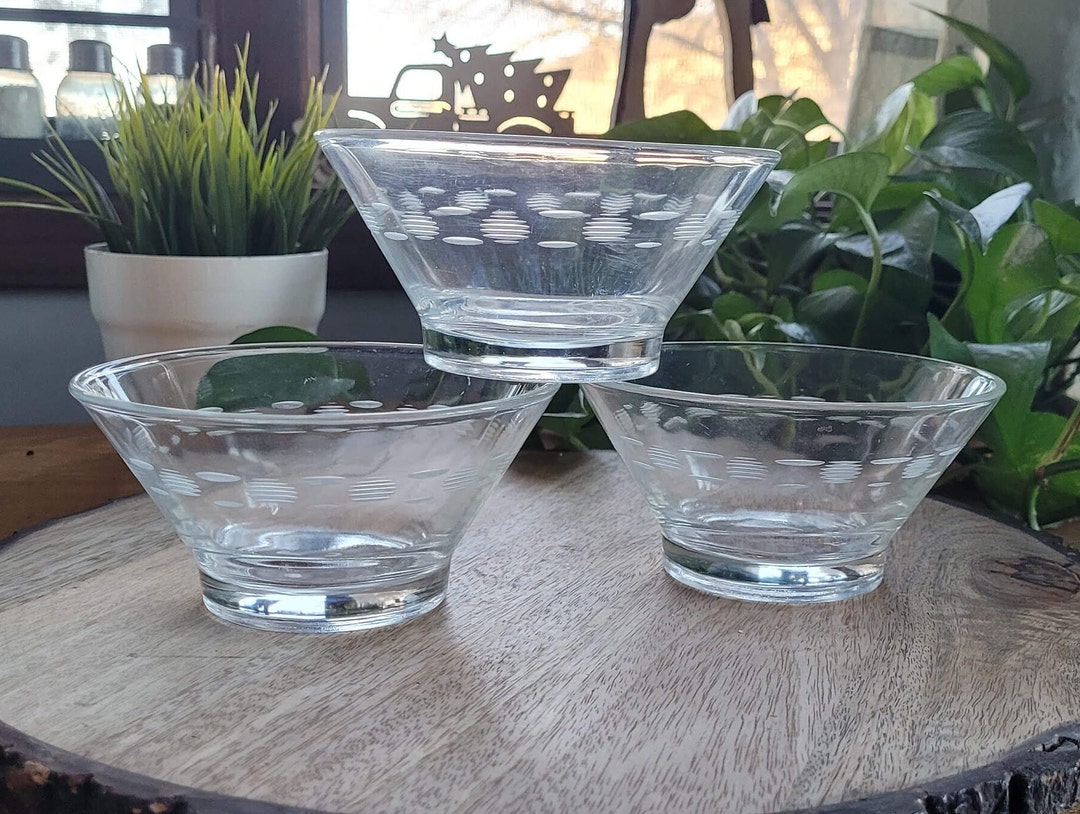 Etched Glass Salad Bowls Vintage Etched Glass Dessert Dishes MCM Glass