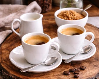 White Espresso Cups and Saucers Set | Vintage Williams Sonoma Brasserie | Minimalist Coffee Bar Decor