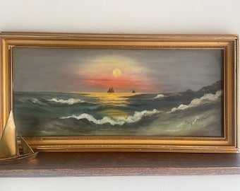 Vintage original boats on ocean oil painting, signed, framed 23x11