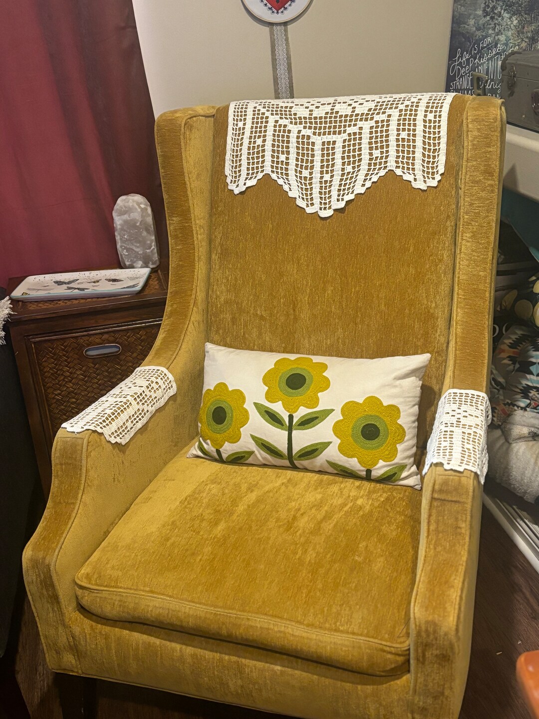 Vintage 70s Crocheted Head Rest and Arm Cover Doilies, White Crocheted