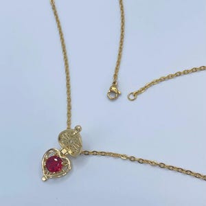 Stainless steel gold necklace, with openable red heart charm, jewelry gift for her, Valentines Day necklace