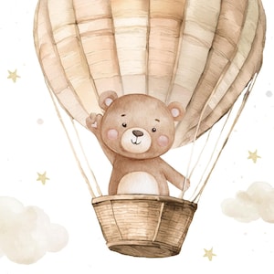 May include: Watercolor illustration of a teddy bear in a hot air balloon. The balloon is beige and brown, with the bear waving from a woven basket. Soft clouds and stars are scattered around the balloon, creating a whimsical scene. The artwork is framed.
