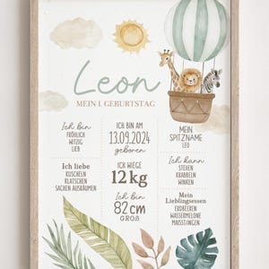 Meilensteinposter zum ersten Geburtstag, personalisiert, Safari, Löwe, Tiere Meilensteintafel