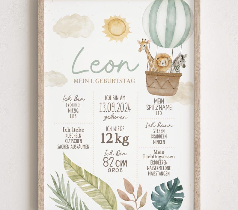Meilensteinposter zum ersten Geburtstag, personalisiert, Safari, Löwe, Tiere Meilensteintafel