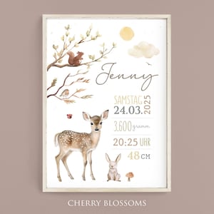 Geburtsposter, Reh, Waldtiere, personalisiert, Geburtstafel, Geschenk Geburt