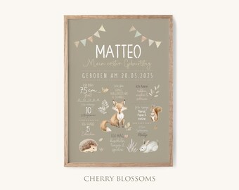 Meilensteinposter zum ersten Geburtstag, personalisiert, Waldtiere, Fuchs, Tiere Meilensteintafel, Woodland