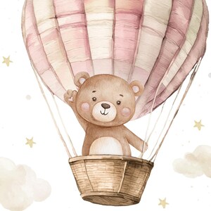 May include: Watercolor illustration of a teddy bear in a hot air balloon. The balloon is pink and white, with a woven basket below. The bear is brown with a friendly expression, waving from the basket. Soft clouds and stars decorate the background.