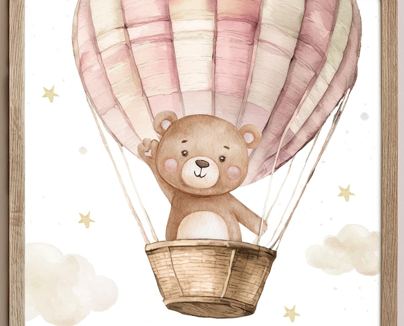May include: Watercolor illustration of a teddy bear in a hot air balloon. The balloon is pink and white, with a woven basket below. The bear is brown with a friendly expression, waving from the basket. Soft clouds and stars decorate the background.