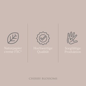 May include: Three icons representing the features of a product. The first icon is a leaf, representing natural paper. The second icon is a checkmark inside a circle, representing high quality. The third icon is a hand with a heart inside, representing careful production. The text below the icons reads "Cherry Blossoms".