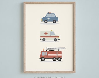 Poster Kinderzimmer, Fahrzeuge,Polizeiauto, Krankenwagen, Feuerwehrauto, Minimalistisch