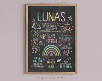 Meilensteintafel zur Einschulung, Regenbogen, personalisierte Einschulungstafel, Mädchen