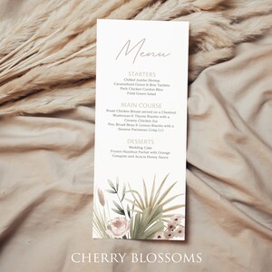Dried Flowers Boho Wedding  Menu Template, Wedding Table Menu Printable, Fully Editable, INSTANT Download, Self-edit with TEMPLETT, A101