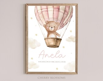 Geburtsposter Teddybär, Geburtstafel, Geburtsdaten-Poster, Geburtsanzeige, Geschenk Geburt, Geburtsanzeige Teddy, Rosa und Beige