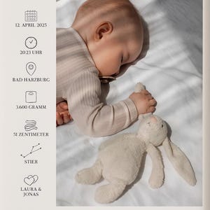 May include: A framed print featuring a sleeping baby with a stuffed bunny. The print includes the baby's birth details: April 12, 2025, 8:23 PM, Bad Harzburg, 3,600 grams, and 51 centimeters. The names Laura & Jonas are also included.