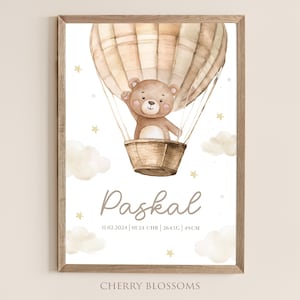 Geburtsposter Teddybär, Geburtstafel, Geburtsdaten-Poster, Geburtsanzeige, Geschenk Geburt, Geburtsanzeige Teddy, Beige & Rosa