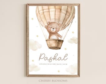 Geburtsposter Teddybär, Geburtstafel, Geburtsdaten-Poster, Geburtsanzeige, Geschenk Geburt, Geburtsanzeige Teddy, Beige & Rosa