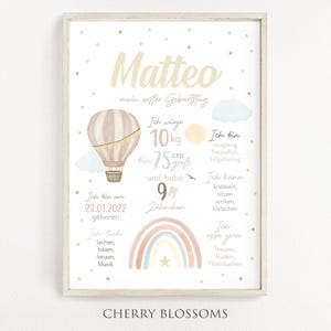 Meilensteinposter zum ersten Geburtstag, personalisiert, Regenbogen, Heißluftballon, Meilensteintafel