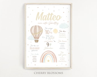 Meilensteinposter zum ersten Geburtstag, personalisiert, Regenbogen, Heißluftballon, Meilensteintafel