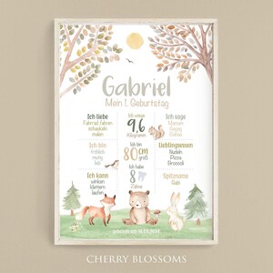Meilensteinposter zum ersten Geburtstag, personalisiert, Waldtiere, Fuchs, Tiere, Meilensteintafel