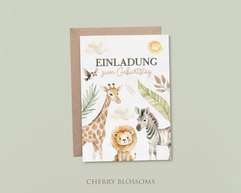 Einladungskarten Kindergeburtstag-Safari-Einladung für Kinder-Kindergeburtstag-DIN A6-Naturpapier
