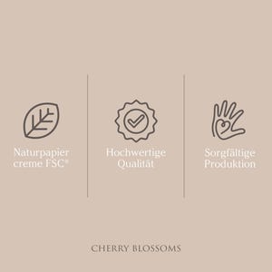 May include: A beige graphic with three icons and text. The icons include a leaf, a badge with a checkmark, and a hand forming a heart. Text includes "Naturpapier creme FSC", "Hochwertige Qualit&auml;t", and "Sorgf&auml;ltige Produktion". The text "CHERRY BLOSSOMS" is at the bottom.