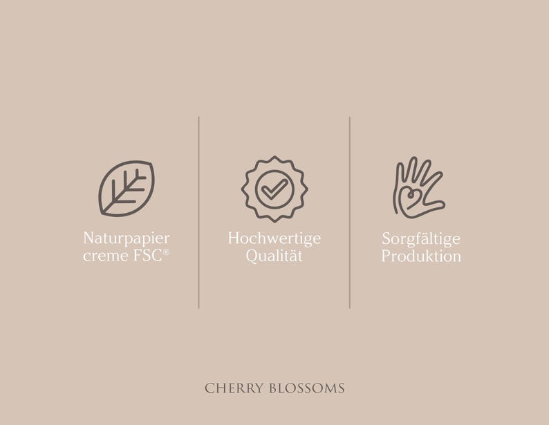May include: A beige graphic with three icons and text. The icons include a leaf, a badge with a checkmark, and a hand forming a heart. Text includes "Naturpapier creme FSC", "Hochwertige Qualit&auml;t", and "Sorgf&auml;ltige Produktion". The text "CHERRY BLOSSOMS" is at the bottom.