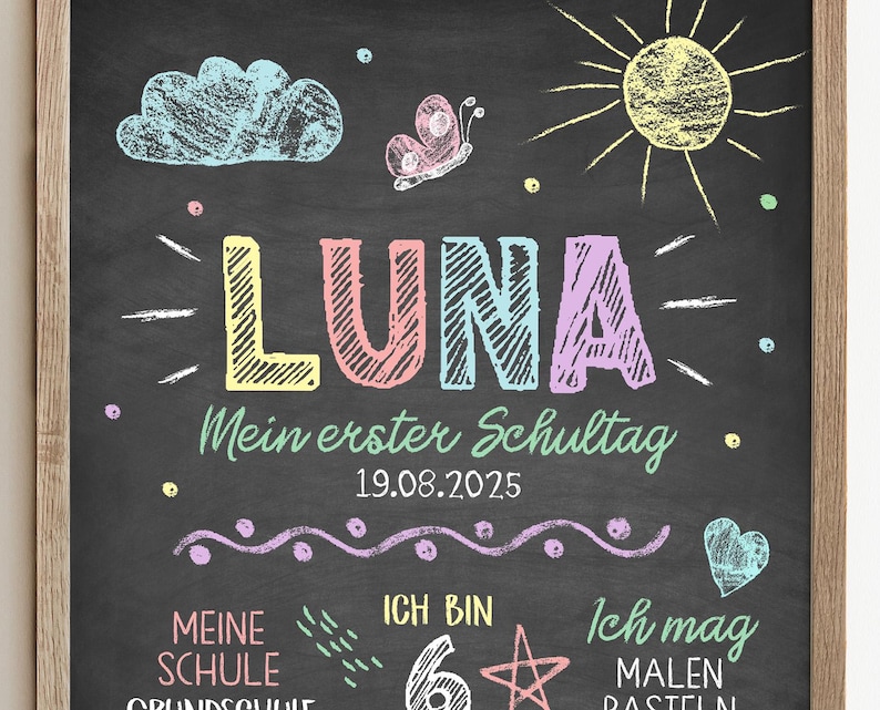 Meilensteintafel zur Einschulung, Regenbogen, personalisierte Einschulungstafel, Mädchen