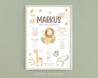 Meilensteinposter zum ersten Geburtstag, personalisiert, Safari, Löwe, Tiere Meilensteintafel