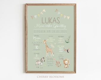 Meilensteinposter zum ersten Geburtstag, personalisiert, Safari, Löwe, Tiere Meilensteintafel