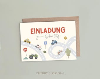 Einladungskarten Kindergeburtstag-Autos-Einladung für Kinder-Kindergeburtstag-DIN A6-Naturpapier