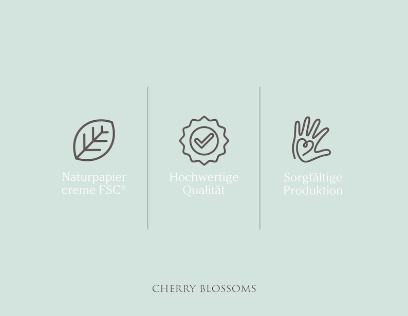 May include: A light teal background with three icons and text. The icons are a leaf, a badge with a checkmark, and a hand with a heart. The text includes "Naturpapier creme FSC", "Hochwertige Qualit&auml;t", and "Sorgf&auml;ltige Produktion". The words "CHERRY BLOSSOMS" are at the bottom.